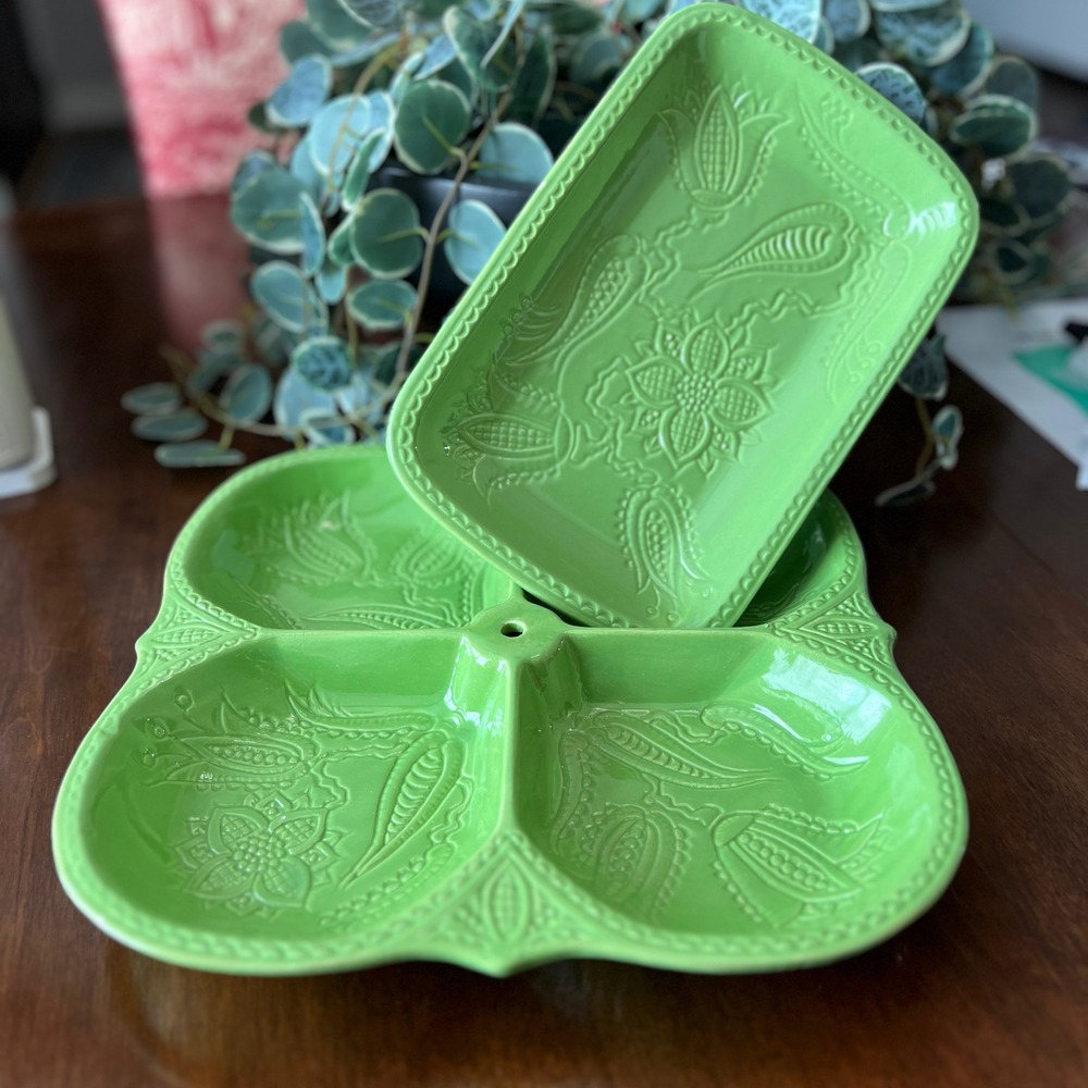 Vintage Calif USA Pottery Green 4 Pc Serving Relish Tray Set 1203 1208 MCM